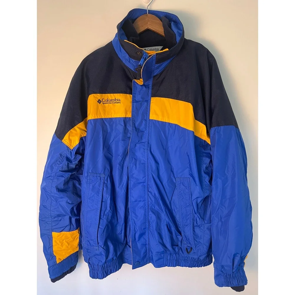 Columbia Bugaboo Jacket Men LG Tall Blue Yellow Colorblock Fleece Lined Hiking